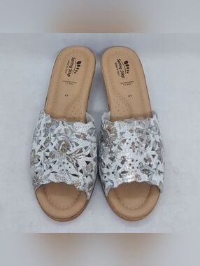 Spring Step Stella Sandals White Metallic Slide Wedge Womens Sz 41 9.5-10 Italy